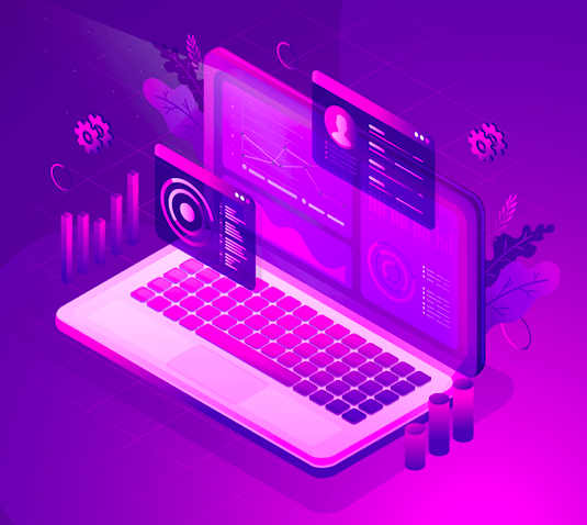 Laptop with binary code and analytical graphs